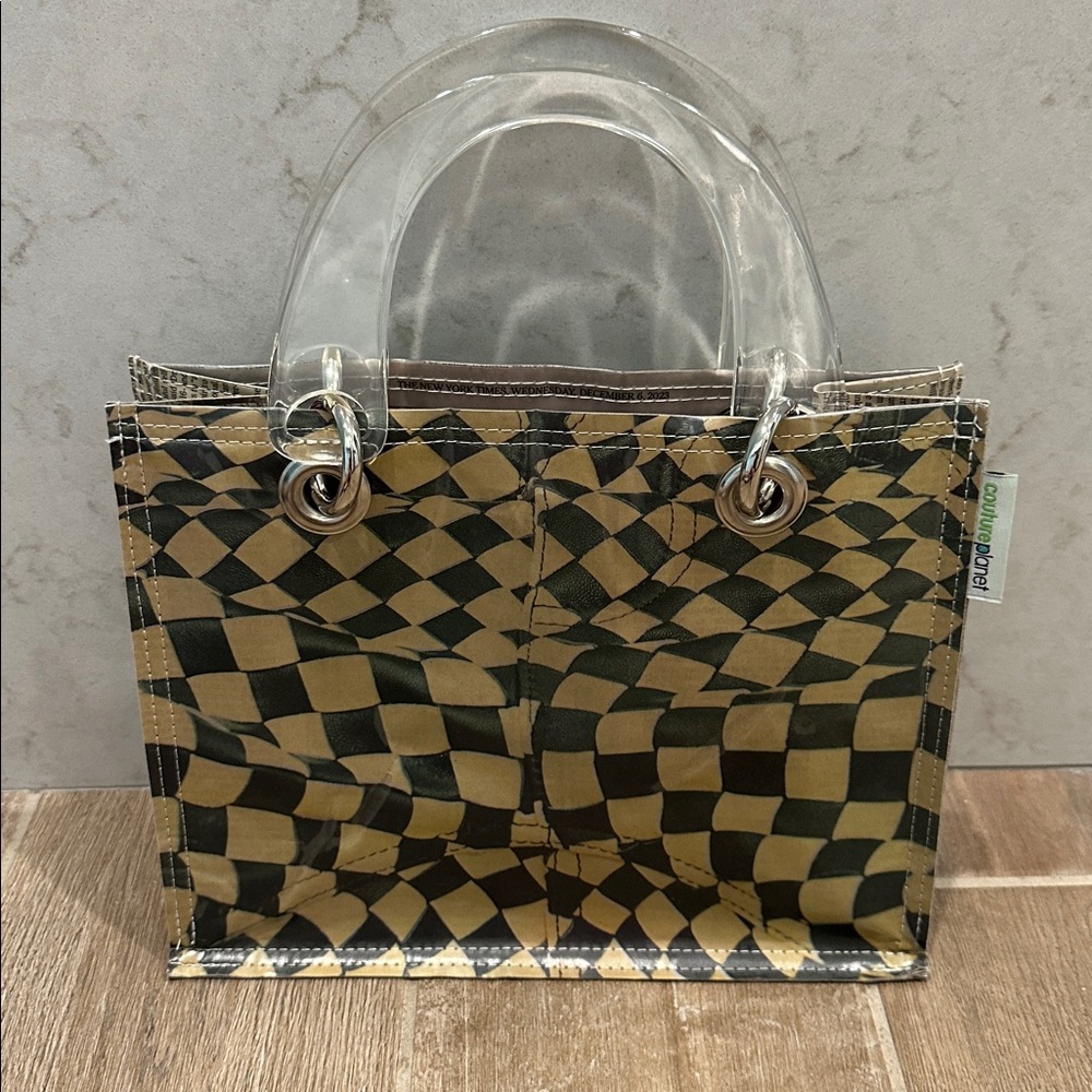 Couture Planet Bottega Veneta Green and Cream Check PVC mini Tote - Picture 2 of 5